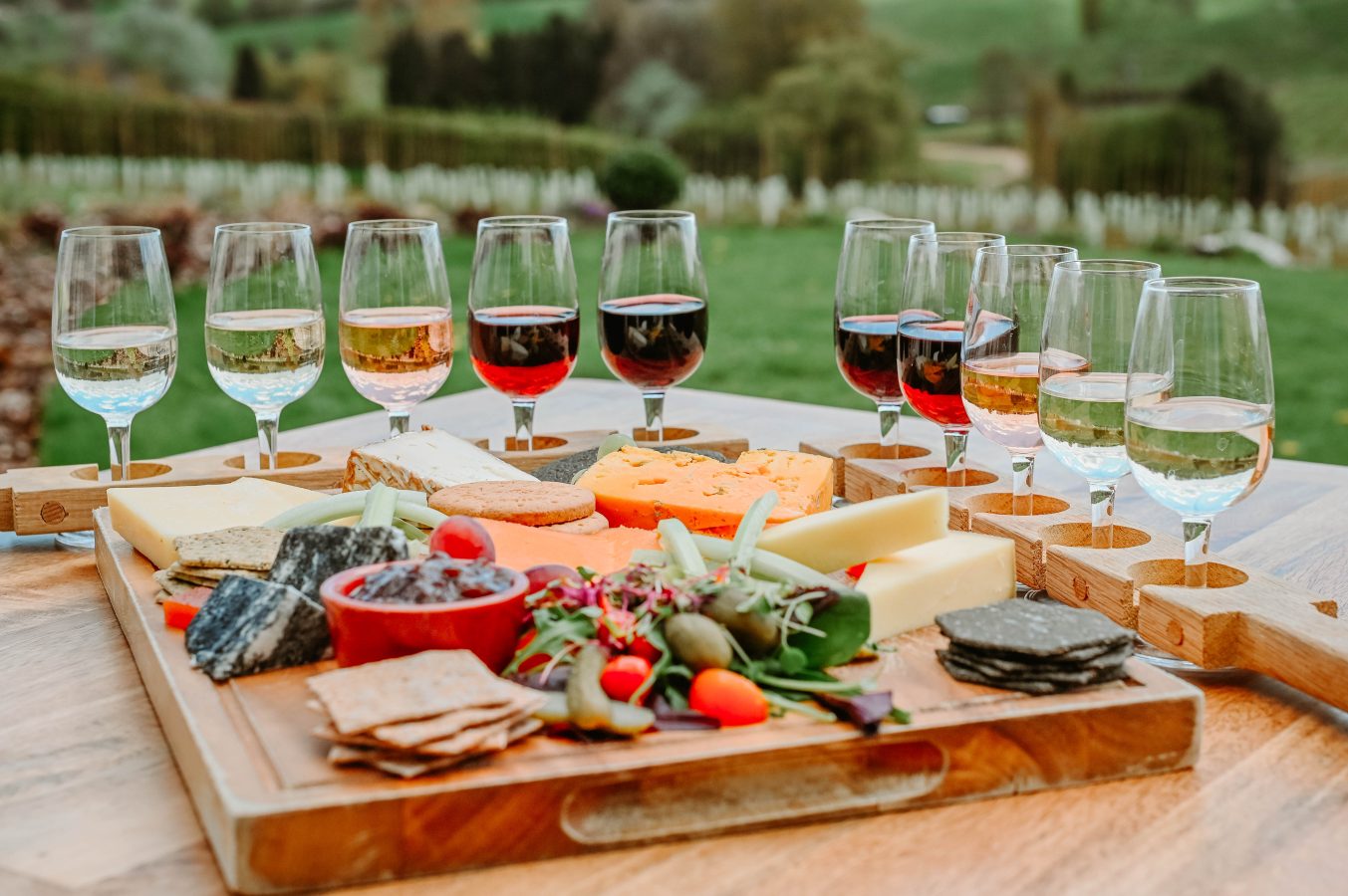 Wine glasses and Tuscan antipasti on a table