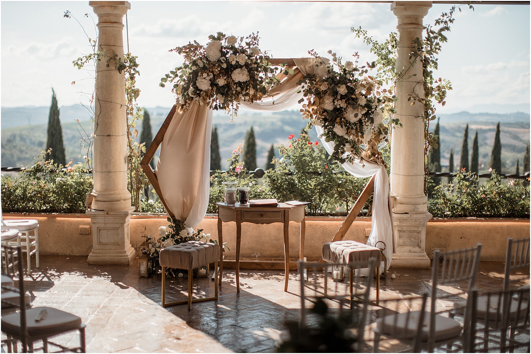 Tuscan villa and vineyards at golden hour