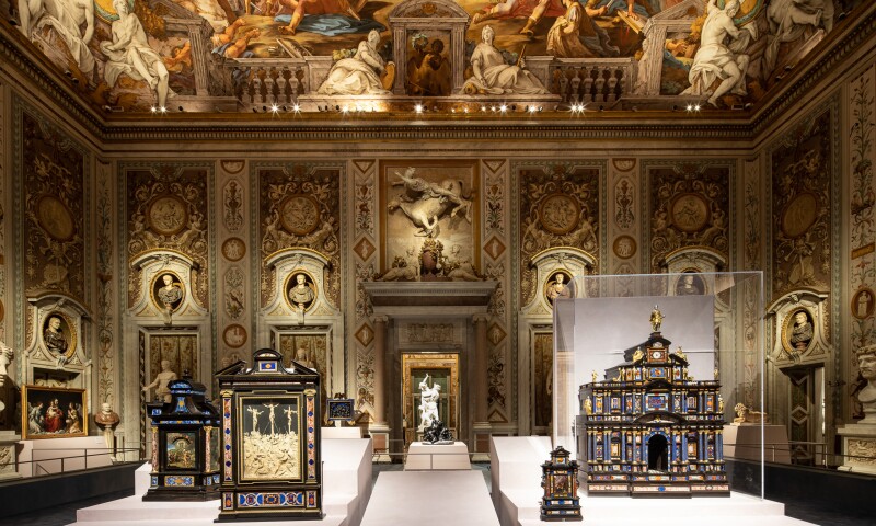 Museum gallery interior with classical sculptures in Rome