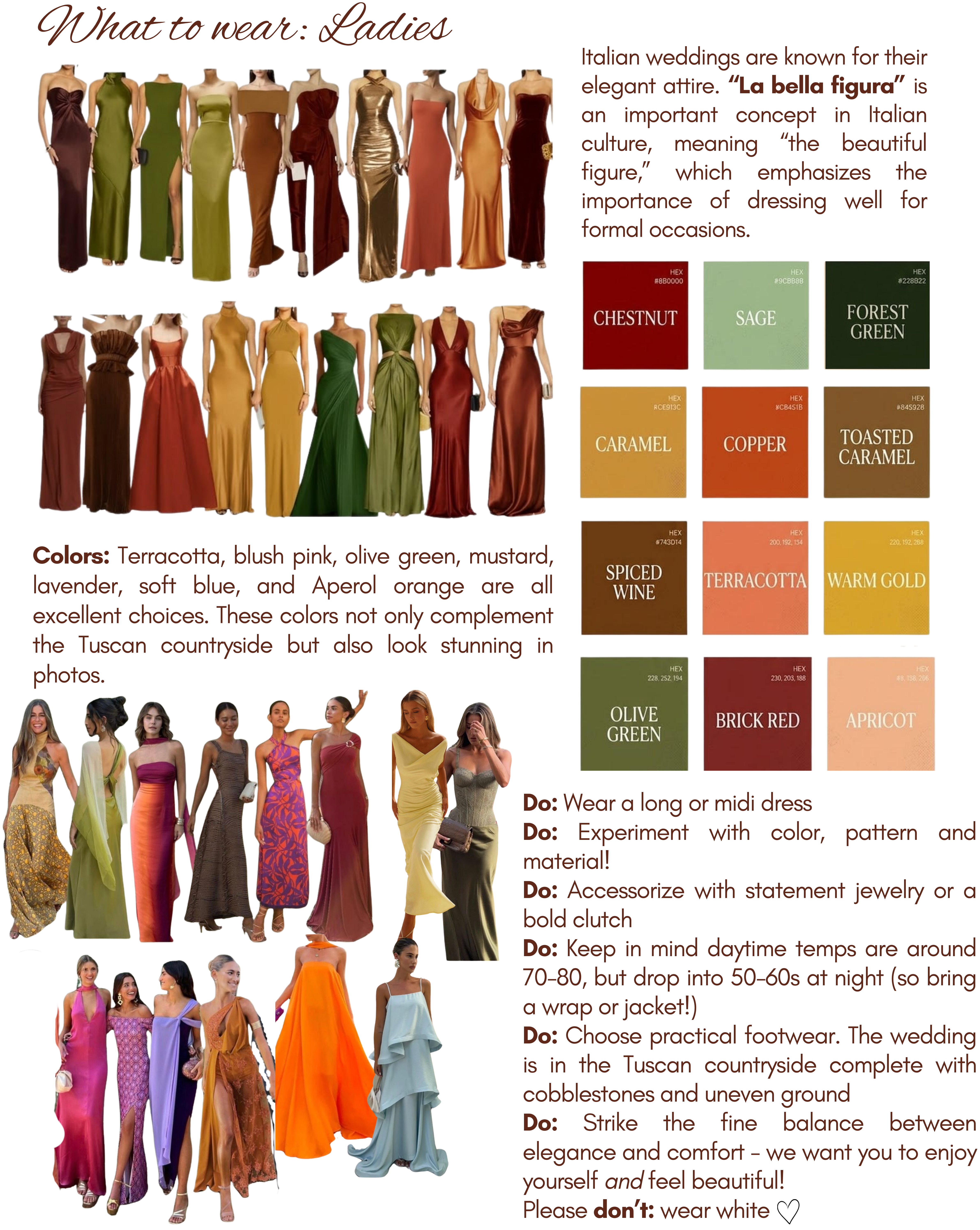 Wedding attire guide for ladies.